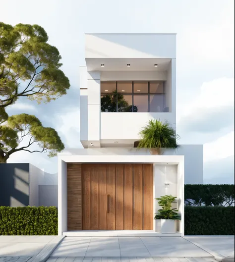 a view of a modern home with a large front yard, main material by white wall and stone and wood,  1 road runs in front of the ho...