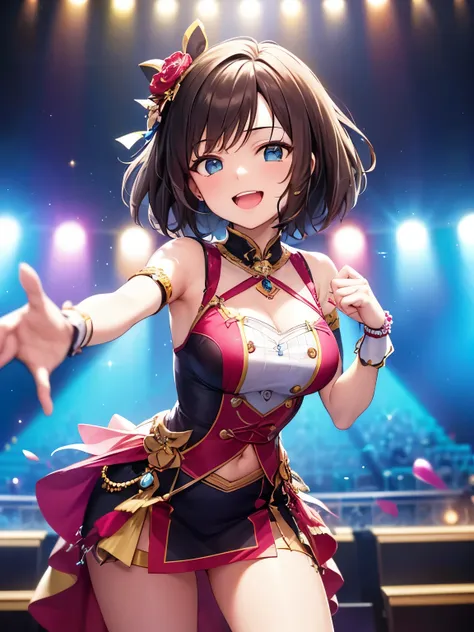 miku maekawa, girl with beautiful detailed eyes, cute smile, and long eyelashes, wearing a stylish and colorful idol outfit, sta...