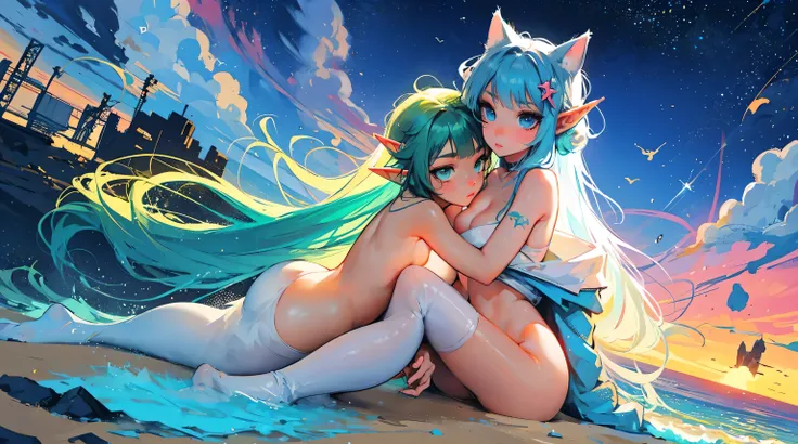 fractal sunset, infinite clouds, cute elf girl, 2 girls, extremely long neon light blue hair, cyber outfit, extreme abs, artistic style, cat ears, space tentacles, dramatic, nude, naked, no clothes, hugging, kissing, cosmic wonders, cute, transcedental mag...