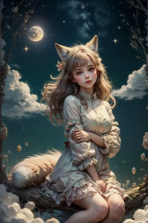 the fox godess, beautyful girl, silk,clouds,fox tail, mikko outfit, forest,pond,( bokeh ),sitting moon