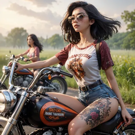 woman with large breast with tattoos sitting on a motorcycle on a road, motorcycle, motorcycles, harley queen, harley davidson, realism art style, sitting on a motorcycle, tattoo style, biker, hyperrealism artstyle, extremely high quality artwork, realism ...