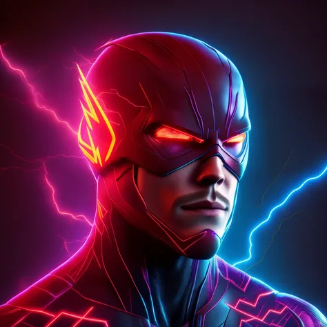 the Flash, Cyberpunk, 8k front face and chest ultra-detailed and ultra-realistic neon lightning