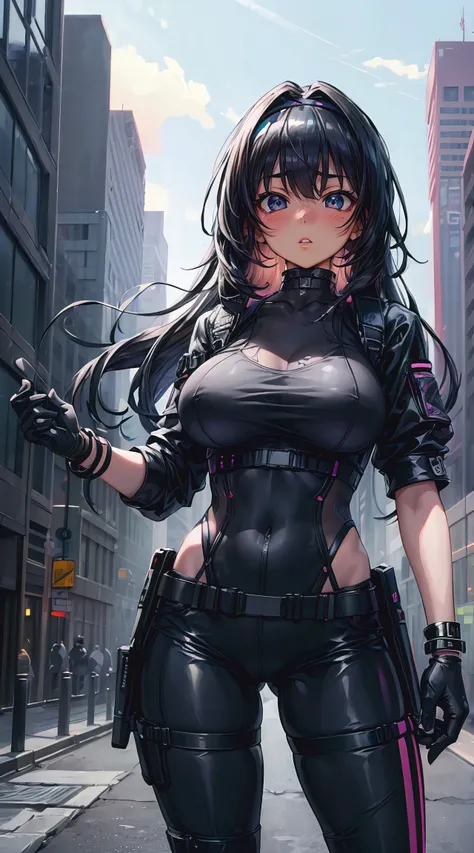 (masterpiece, best quality), futuristic, steelpunk, pastel goth, intricate tactical techwear, neon accents, fashionable, stylish, perfect slim fit body, big breasts, asymmetrical bangs, wavy hair, hairband, choker, bracelet, city streets, standing pose, co...