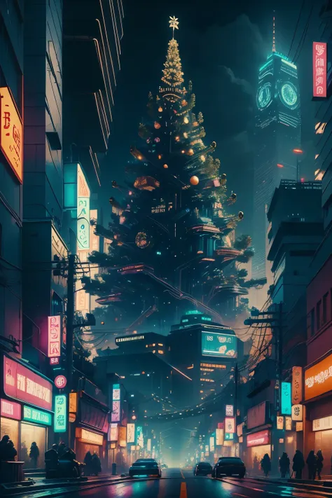 futuristic city, cyberpunk, distopy, depressing, busy street, christmas night, christmas atmosphere, christmas decoration, high ...