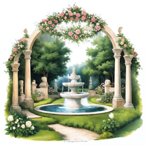 There is a garden，There are fountains and flowers, Portal made of white roses, Romantic art style,landscape artwork, A beautiful artistic illustration, Fountains and arches, royal garden background, White Rose Garden, , beautiful artist rendering,