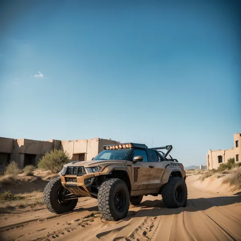 On a sandy sea in the doomsday wasteland, an armored modified off-road vehicle was running on the edge of the ruins of the city.