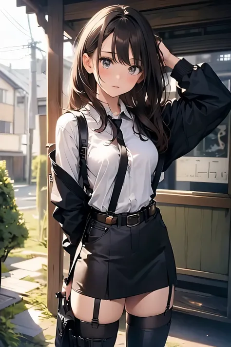 Brown hair、watching at viewers　　　black suspenders　　　Bulging big breasts　　 　 　　　walls: 　Black miniskirt　garters　　　　　　Gaze　　　Small face　bangss 　　　holster　　　Beautuful Women　　hands up　　レッグholster ベッドに横たわる　　Gaze 　black boots panty shot　provocation　flank　flank汗　...