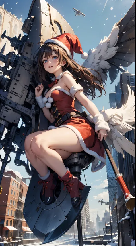 (((battle on Christmas day))), detailed face, super low angle, (((mechanical, complex body, she attacks using a giant ax against the huge gods weapon, raise an ax))), drooping eyes, sleepy face, open legs, small breasts, (thin thighs), ((halo)), (flying ab...