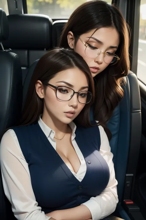 Lucy Pinder, brown hair, white sweater, (blue vest), cleavage, sexy pose, (eyes closed), ((very open mouth)), ((very intense makeup)), voluptuous woman, Asian girl, ((glasses) ), lying down, young, ((Very intense makeup)), sitting on a bus, head down, head...