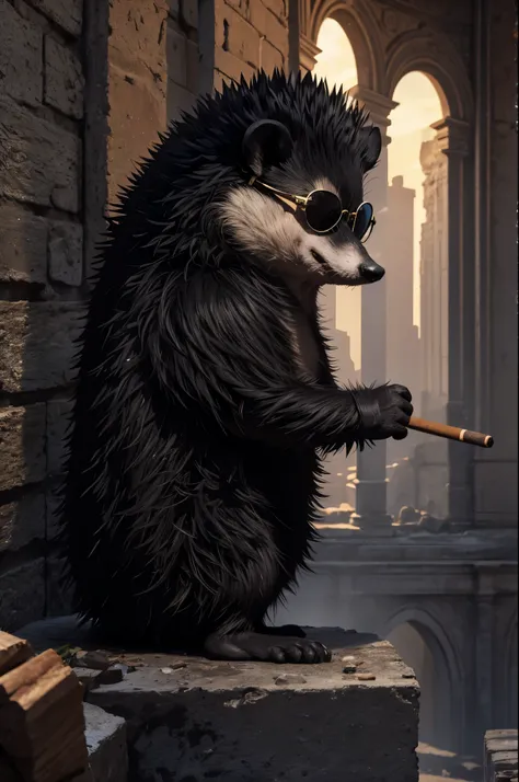 8K,black hedgehog with sunglasses,Black coat,超A high resolution,A hyper-realistic,cigar,Deforome,ruins,The majesty and power of animals,Small animals,