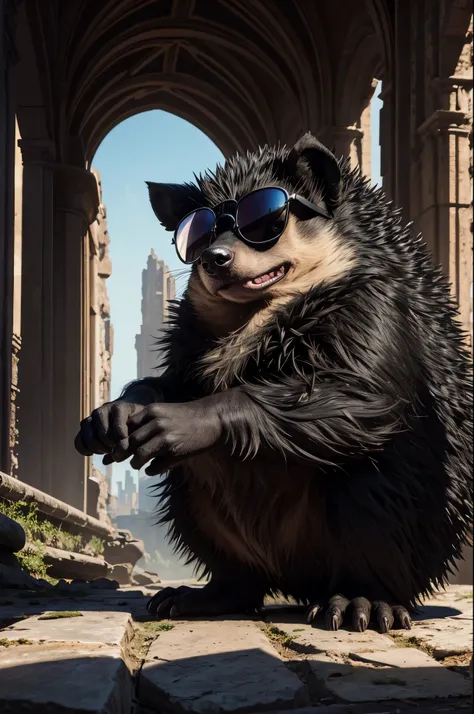 8K,black hedgehog with sunglasses,Black coat,超A high resolution,A hyper-realistic,cigar,Deforome,ruins,The majesty and power of animals,Small animals,