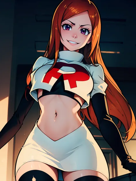 orihime, glossy lips ,team rocket uniform, red letter r, white skirt,white crop top,black thigh-high boots, black elbow gloves, ...