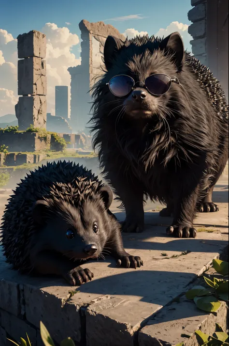 8K,black hedgehog with sunglasses,超A high resolution,A hyper-realistic,cigar,Deforome,ruins,The majesty and power of animals,