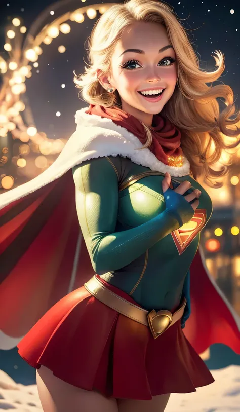 (best quality,4k,8k,highres,masterpiece:1.2),ultra-detailed,(realistic,photorealistic,photo-realistic:1.37),Supergirl wearing a Santa suit,beautiful detailed eyes,beautiful detailed lips,extremely detailed eyes and face,longeyelashes,red cape flowing in th...