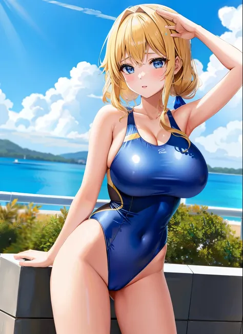 アニメの少女 in a black swim wears着る posing in front of a fence, very long blonde girl, garments:ハイカットswim wears, Green-eyed girl, solo, ワンピースswim wears着用, スクールswim wears, Navy high-leg racing swimwear, 学校のswim wears, 紺色のタンクスーツを着たan anime girl, Navy high leg sch...