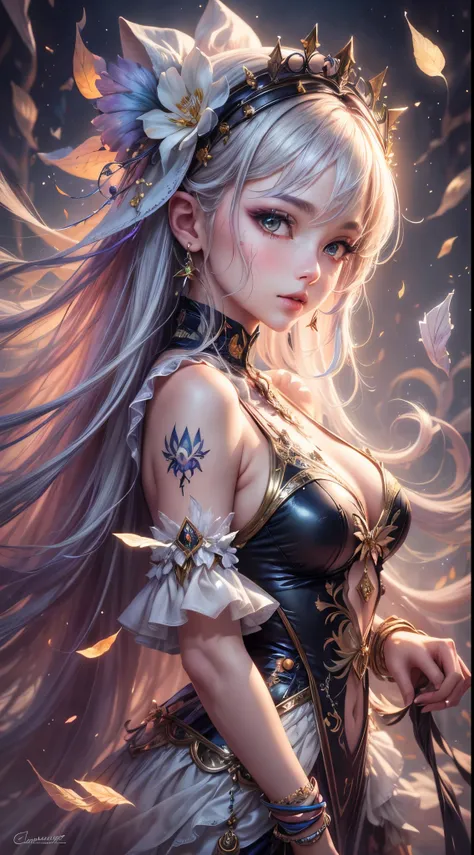 A captivating anime girl gracefully emerges from the pages of a watercolor painting, her vibrant and intricate colors breathing life into the artwork. She wears extraordinary fantasy costumes，Decorated with exquisite details, reflecting the enchanting worl...