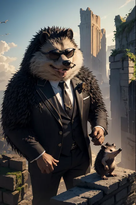 8K,black hedgehog with sunglasses,anthropomorphic hedgehog,超A high resolution,A hyper-realistic,cigar,Deforome,ruins,The majesty and power of animals,Super gentleman,