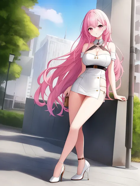 young woman with long pink hair, of medium height, sculptural body, with large breasts, thin waist, with a big ass, dressed in a blouse with off-shoulders and a provocative neckline and a white mini skirt, worn with white high heels , on the street in fron...