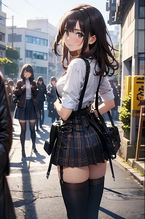 Brown hair、watching at viewers　　　black suspenders　　　Bulging big breasts　　 　 　　　walls: 　Black miniskirt　garters　　　　　　Gaze　　　Small face　bangss 　　　holster　　　Beautuful Women　　hands up　　レッグholster ベッドに横たわる　　Gaze 　black boots panty shot　provocation　flank　flank汗　...