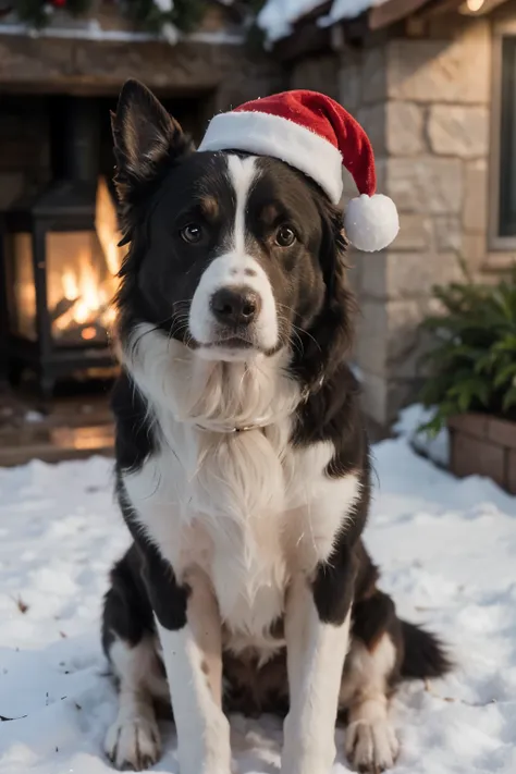 create Christmas themed photo of brown and white border collie