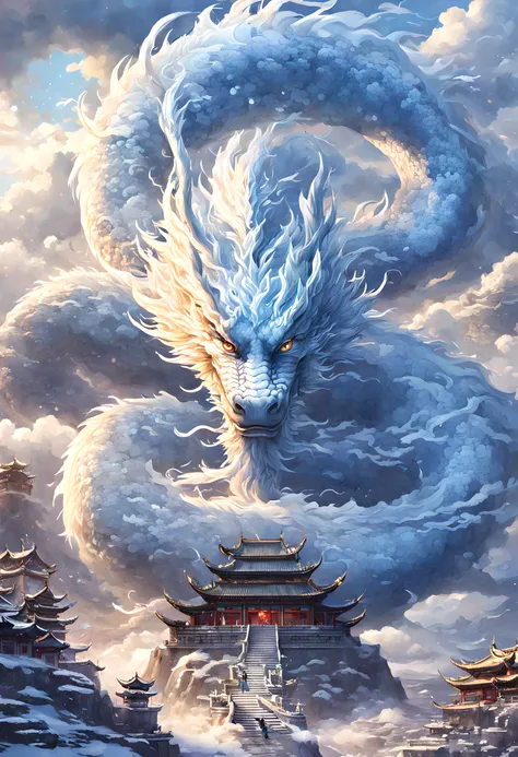 arian landscape,in fantasy world,chinese traditional architecture,  drak，yuki，​​clouds,mare,skysky,mont, lightning bolt，{a head}