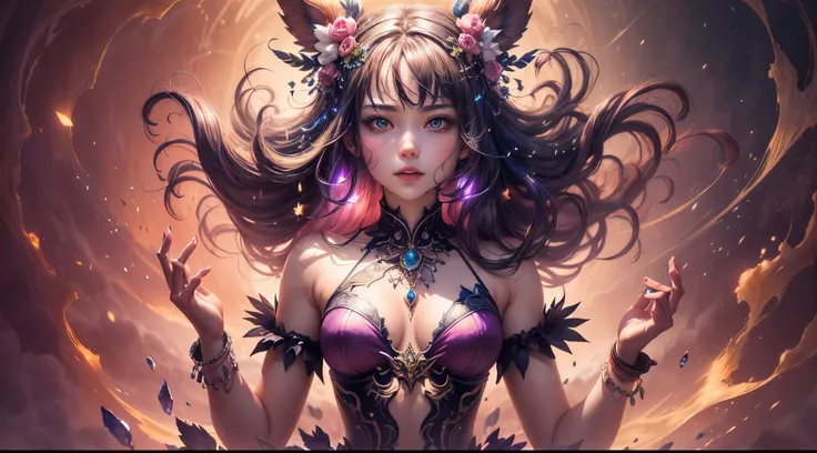 A captivating anime girl gracefully emerges from the pages of a watercolor painting, her vibrant and intricate colors breathing life into the artwork. She wears extraordinary fantasy costumes，Decorated with exquisite details, reflecting the enchanting worl...