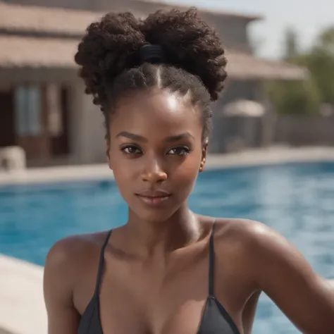 ((Dark African skin, Very deep ebony skin)), ((Its beauty is undeniable)), ((Excited cute face)), ((Hyper detailed perfect eyes,)), ((Language output)), ((Tired)), sexy, ((full swimsuite, swimming at the pool)), ((Afro ponytail with long African curly hair...