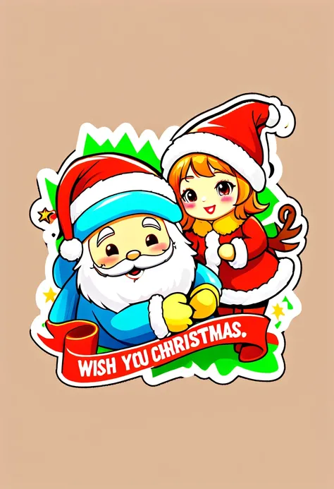 One sticker, christmas,Vector graphics，christmas，(The English bold text is as follows： &cite;Wish you Christmas cheerful&cite;:1.5)，cheerful，cute big breasts，Japanese cartoon，