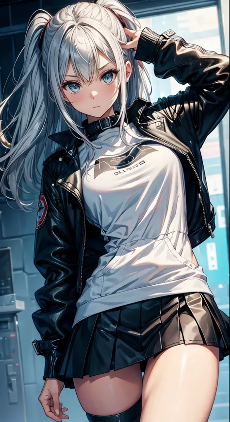 superfine illustration, Solo, Woman, Silver hair, From below,  leather jacket and skirt, accessorized