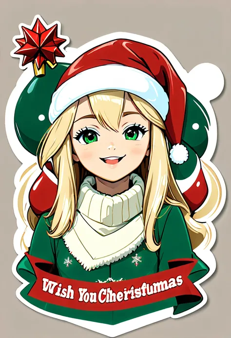 , One sticker, christmas,Vector graphics，christmas，(The English bold text is as follows： &cite;Wish you Christmas cheerful&cite;:1.5)，cheerful，cute big breasts，Japanese cartoon，