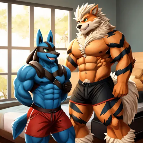 Duo hulking arcanine with green eyes is smiling and wagging his tail in red shorts,  muscular lucario smiling wearing black shorts ,in your bedroom