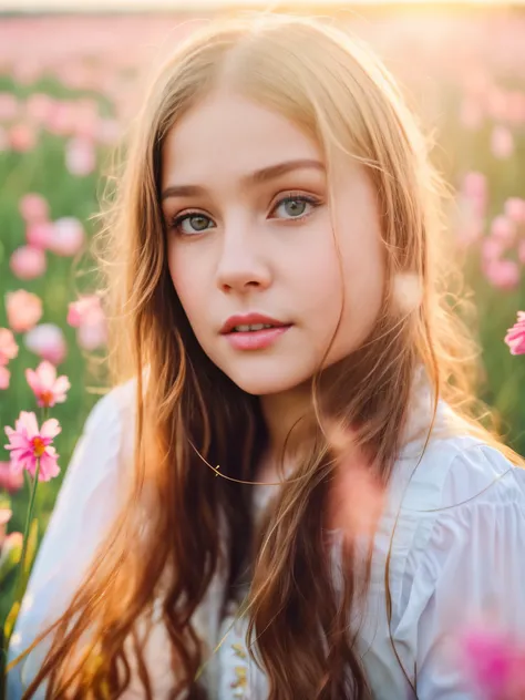 arafed woman кушает шоколадку  In the field of flowers looking at the camera, In the field of flowers, A  girl, standing on a flower field, Portrait of a girl in a flower field, A  girl фронтальная в цветочном поле, The woman, standing in a field of flower...