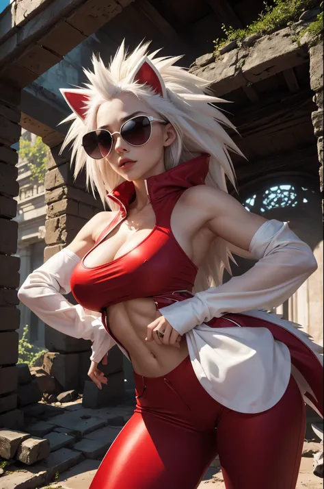 8K,1 White hedgehog wearing sunglasses with red lenses,anthropomorphic female hedgehog,超A high resolution,A hyper-realistic,Deforome,ruins,The majesty and power of animals,A sexy,RED dress,Red pants,slender body,well-muscled,Split abs,enticing,