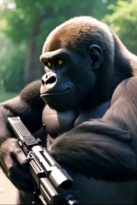 Animation of a gorilla holding a gun while crying