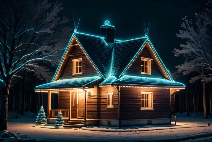 Christmas-style home decoration, no lighting in night room, only tree illumination, neon_outlines