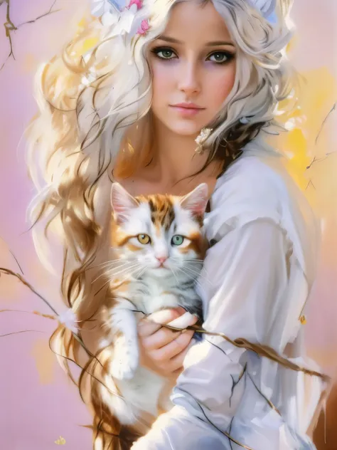 a painting of a woman holding a Cat in her arms, magali villeneuve, very beautiful cute Catgirl, beautiful young Catgirl, white Cat girl, magali villeneuve and monet, woman and Cat, Jana Brig Art, white ( Cat ) girl, Beautiful Art, Amano and Karol Baku, go...