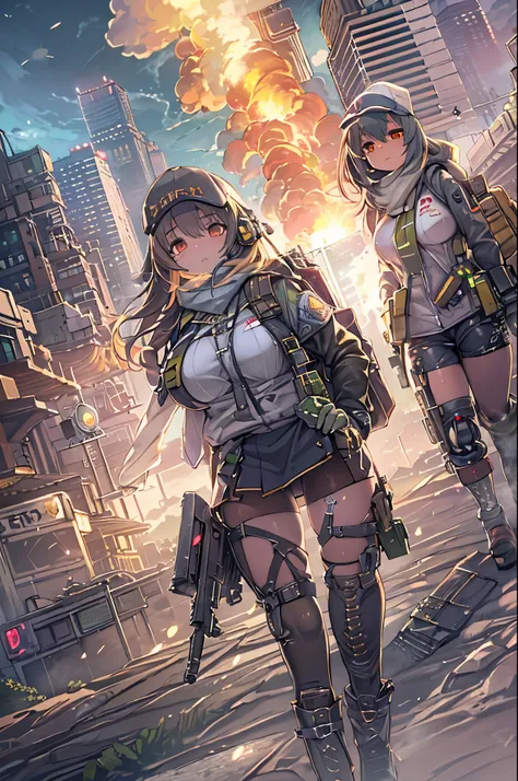 ((High quality)), ((masutepiece)), 8K, 2girls, bulletproof vest, llight rays, extremely detailed CG unity 8K wallpaper, Game CG, Looking at Viewer, gloves, long boots, Full body, Watch, a computer, drone, holding weapon, headphones, Jacket, (Background Des...