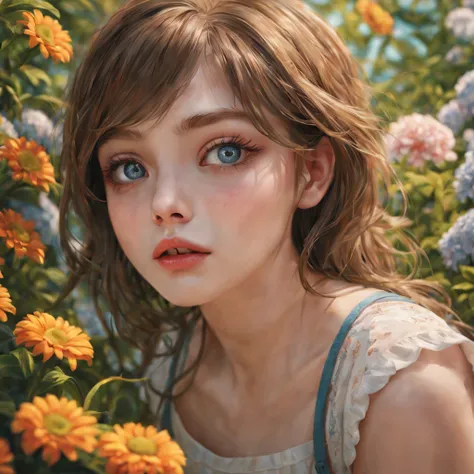 A girl in a garden,illustration,beautiful detailed eyes,beautiful detailed lips,extremely detailed eyes and face,longeyelashes,best quality,4k,8k,highres,masterpiece:1.2,ultra-detailed,realistic,photorealistic,photo-realistic:1.37,HDR,UHD,studio lighting,u...