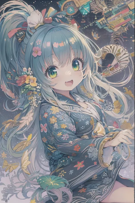 (masutepiece, Best Quality, hight resolution:1.4), Wallpaper, Full body, 1girl in, Long hair, (Blue hair:1.0), (Black hair:1.0), Green eyes, multicolored hair, Gradient Hair, tiny chest, Facing to the side, Yukata , Holding Party Poppers, Night, hair clips...