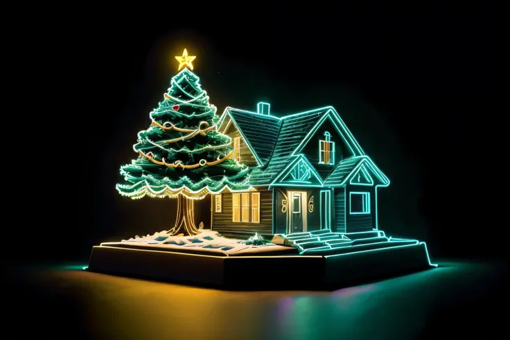 Christmas-style home decoration, no lighting in night room, only tree illumination, neon_outlines