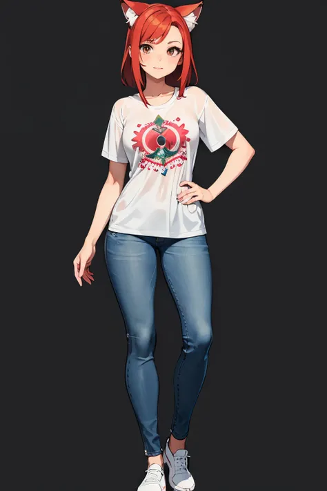 Adult Aztec/mexican female with wolf ears, red hair, brown eyes, dressed in casual clothing with full body pose transparent background