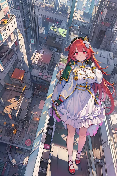 ((masutepiece,Best Quality)),8K Wallpaper,1girl in, Long hair, Red hair, Solo, Dress, Red Eyes, Looking at Viewer, Long sleeves, Standing, building, white Dress, gloves, Hair Ornament, Black jacket, Smile, Floating hair, Dutch Angle, Closed mouth, Looking ...