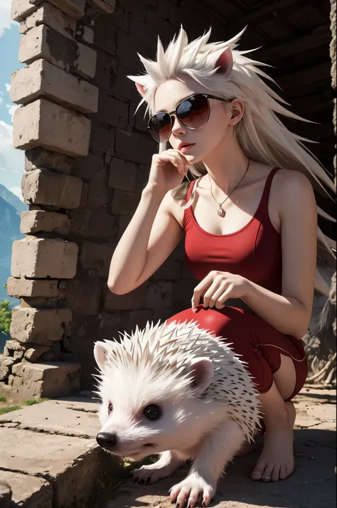 8K,Female white hedgehog wearing sunglasses with red lenses,超A high resolution,A hyper-realistic,Deforome,ruins,The majesty and power of animals,Small animals,