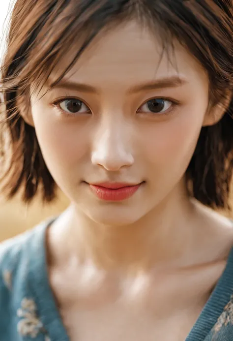 Best quality at best, 超k hd, (realisticlying:1.4),Sunset sun, 1 Korean girl, (Realistic face), freckle ,(brunette color hair, short detailed hair: 1.ony tails, realisticlying的眼睛, (realisticlying的皮肤), (Sweaters), detailed photograph, Smiling, sexy for, film...