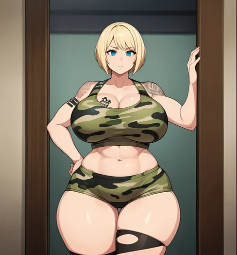 1girl in, Blonde hair, short hair, wide hips, thick thighs, Bursting breasts, camouflage, tattoos