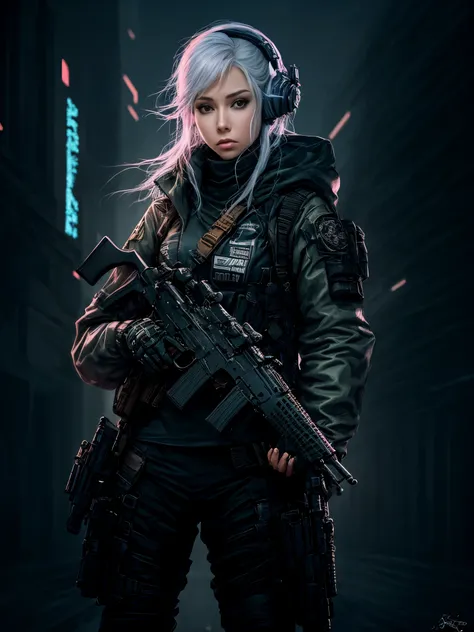 girl holding a gun in a city, cyberpunk art by Yang J, pixiv, realism, from girls frontline, v from devil may cry as an elf, ig model | artgerm, m4 sopmod ii girls frontline, fine details. girls frontline, trending on cgstation, with rifle, cyberpunk anime...