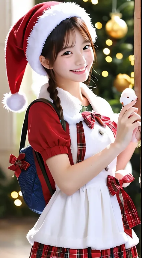 （Budgie on girl&#39;s shoulder）1girl in、A smile、Christmas、Dressed in Santa Claus costume、