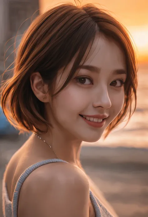 Best quality at best, 超k hd, (realisticlying:1.4),Sunset sun, 1个Giant Breast Girl, (Realistic face), freckle ,(brunette color hair, short detailed hair: 1.ony tails, realisticlying的眼睛, (realisticlying的皮肤), (Sweaters), detailed photograph, Smiling, sexy for...