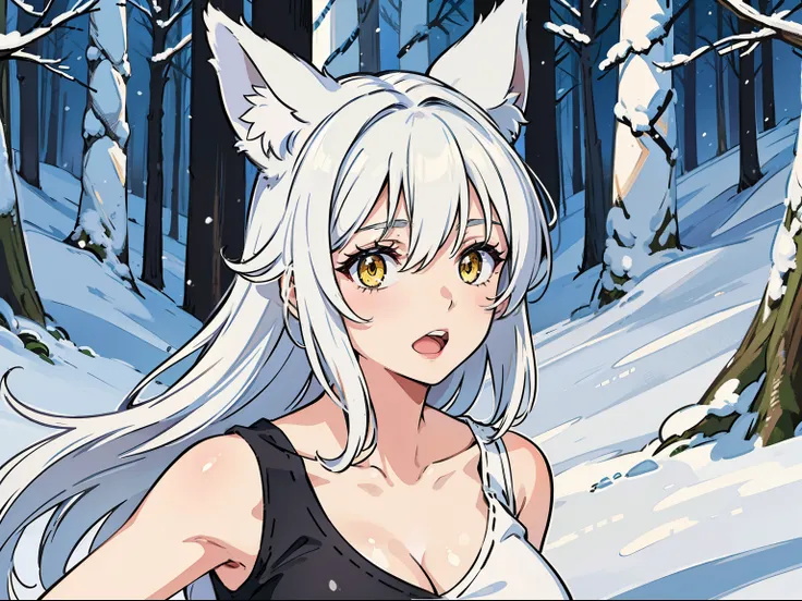 1girl,solo,medium breasts,mature female,((white sleeveless and shoulderless t-shirt,cleavage)),silver hair,long hair,yellow eyes,fox ears,((in snow,in forest)),portrait,open mouth,