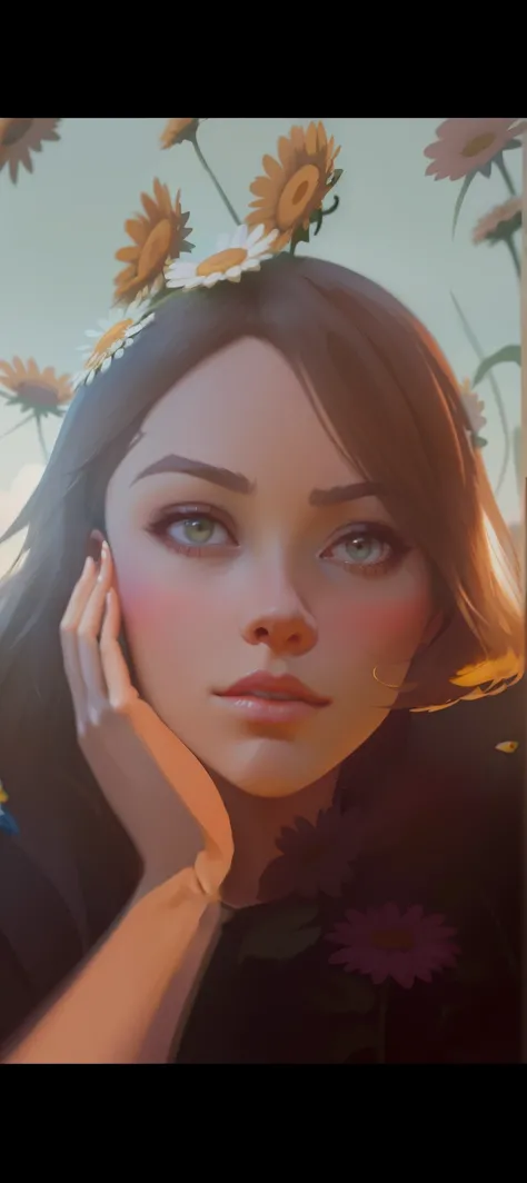 woman with a flower crown stands in a field of daisies, artgerm and atey ghailan, artwork in the style of guweiz, beautiful digital illustration, beautiful digital artwork, beautiful digital painting, gorgeous digital painting, stunning digital illustratio...